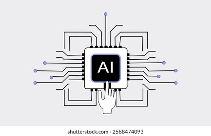 Futuristic AI Technology Integration Concept – Hand Touching Artificial Intelligence Chip with Circuit Connections 