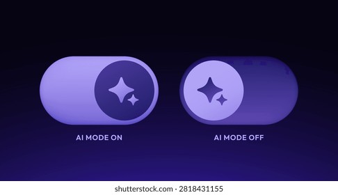 Futuristic AI toggle switch with dark neon purple gradient, glowing on off button, modern glass UI component for apps, websites, dashboards, chatbots, software interfaces, and digital products.