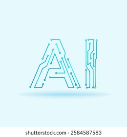 Futuristic AI typography designed with circuit board elements, representing artificial intelligence, technology, and digital innovation on a light background.