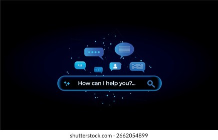 Futurista AI Virtual Assistant Bar para o Serviço de Atendimento ao Cliente, com ícones de serviço digital e tecnológico. Futuristic Intelligent Search Automation (Automação de pesquisa inteligente futurista), Digital Business Support (Suporte empresarial digital), Futuristic AI (IA futurista). Cor azul