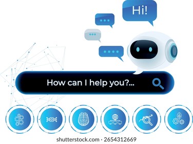Futuristic AI virtual assistant for customer service, chatbot technology, says Hi and includes options buttons. Futuristic smart search automation, AI chatbot, digital business support, futuristic AI.