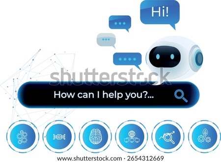 Futuristic AI virtual assistant for customer service, chatbot technology, says Hi and includes options buttons. Futuristic smart search automation, AI chatbot, digital business support, futuristic AI.
