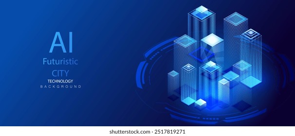 Futuristic ai virtual smart city background. Future urban architecture neon light buildings vector. Cityscape technology concept. Digital high tech city design banner.