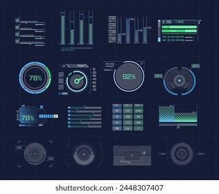 Futuristic aim hud dashboard display virtual reality technology screen. 
Big collection HUD, GUI elements for VR, UI design.