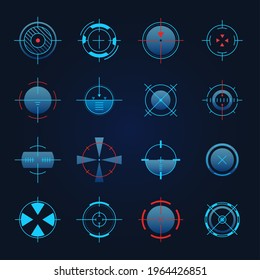 Objetivo futurista. La nave espacial o el arma de francotirador se centran en el objetivo para el juego. Cruce de holograma digital, conjunto de vector de visor de radar o cámara, objetivo preciso, círculo de equipo militar