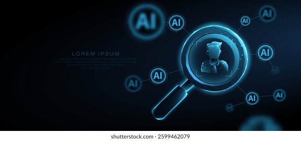 Futuristic AI-powered digital recruitment concept with a magnifying glass analyzing a candidate's profile in a cyber interface