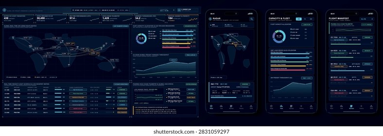 Futuristic air cargo logistics command center with global freight routes, fleet capacity analytics, cold chain telemetry, flight manifests and mobile tracking interfaces. Dark high-tech dashboard