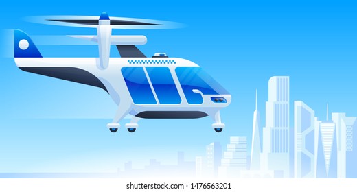 Futuristic air taxi flat vector illustration. Self driving passenger drone, driverless vtol. City travel, urban transportation. Flying cab delivery service. Autonomous flying vehicle, helicopter
