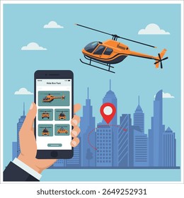 Futuristic air taxi flat vector illustration. Self driving passenger drone, driverless vtol. City travel, urban transportation. Flying cab delivery service