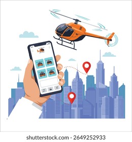 Futuristic air taxi flat vector illustration. Self driving passenger drone, driverless vtol. City travel, urban transportation. Flying cab delivery service
