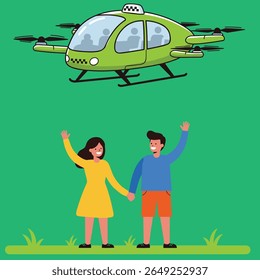 Futuristic air taxi flat vector illustration. Self driving passenger drone, driverless vtol. City travel, urban transportation. Flying cab delivery service