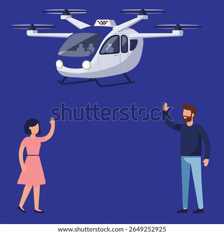 Futuristic air taxi flat vector illustration. Self driving passenger drone, driverless vtol. City travel, urban transportation. Flying cab delivery service