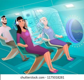 Futuristic Airplane Passengers Using Virtual Infotainment System, Working with Touchscreen, Following Route, Surfing Online During Flight Cartoon Vector Illustration. Future Plane Interior and Service