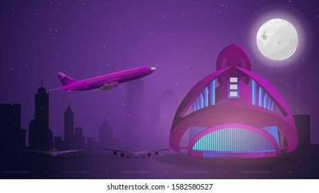 Futuristic airport. Night view of the airport. Passenger airplanes on the night city background. The plane is taking off. Airport.