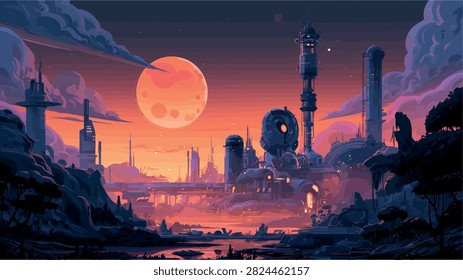 Futuristic Alien City Landscape Under a Giant Orange Moon
