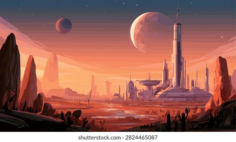 Futuristic Alien Desert City Under Twin Moons