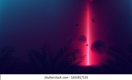 Futuristic allusion red neon ray, light reflex on spheres, vector background with empty space with tropical plants