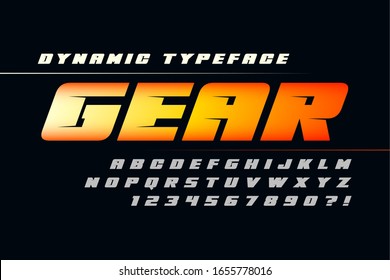 Futuristic alphabet design, typeface, letters and numbers. Vector characters. 20 degree skew