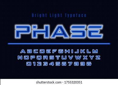 Futuristic alphabet design, typeface, letters and numbers. Vector characters. 15 degree skew