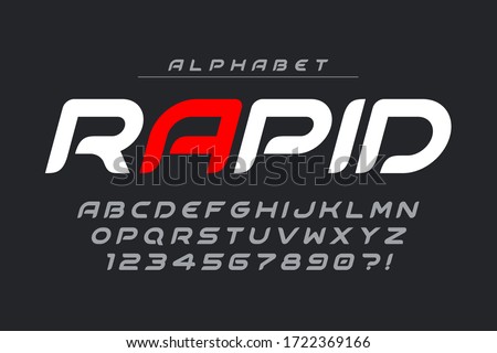 Futuristic alphabet design, typeface, letters and numbers. Vector characters. 15 degree skew