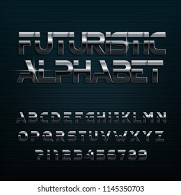 Futuristic alphabet font. Chrome effect oblique and numbers. Stock vector typeface for typography design.