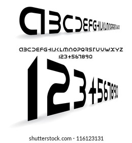 futuristic alphabet font, letters and numbers - illustration