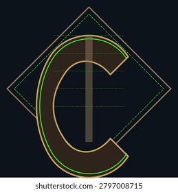 Futuristic alphabet letter C design with copper textures and neon green grid elements within geometric diamond frame illustration