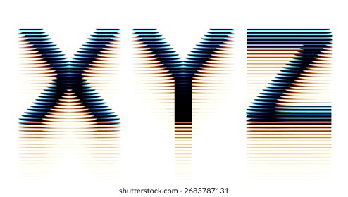 Futuristic alphabet with ribbed glass effect and vibrant prismatic chromatic aberration effects. Geometric bold typography set distorted through transparent fractal glass by horizontal ribs. Vector