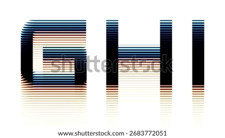 Futuristic alphabet with ribbed glass effect and vibrant prismatic chromatic aberration effects. Geometric bold typography set distorted through transparent fractal glass by horizontal ribs. Vector