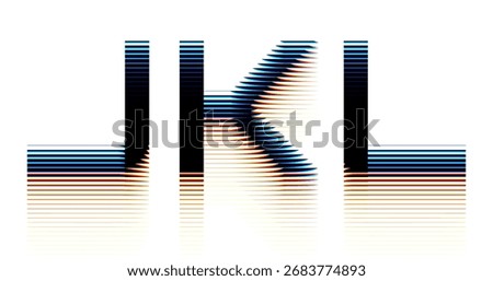 Futuristic alphabet with ribbed glass effect and vibrant prismatic chromatic aberration effects. Geometric bold typography set distorted through transparent fractal glass by horizontal ribs. Vector