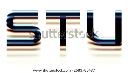 Futuristic alphabet with ribbed glass effect and vibrant prismatic chromatic aberration effects. Geometric bold typography set distorted through transparent fractal glass by horizontal ribs. Vector