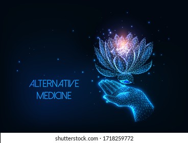 Futuristic alternative, holistic therapy concept with glowing low polygonal human hand and lotus flower isolated on dark blue background. Modern wire frame mesh design vector illustration. 