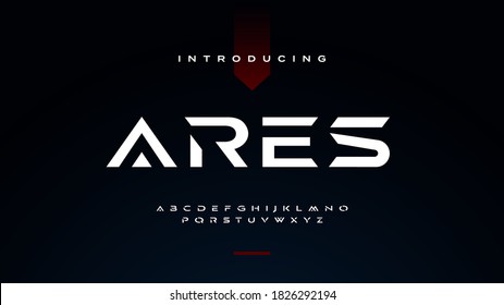 Futuristic ancient modern techno sci fi display font, abstract geometric stencil expanded alphabet, clean monospaced letter set ares typeface