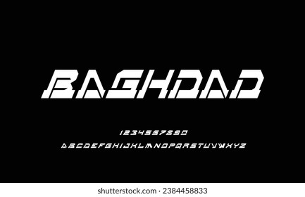 Futuristic ancient modern techno sci fi display font, abstract geometric stencil expanded alphabet, clean monospaced letter set rave typeface