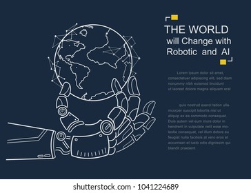 Futuristic Android Hand Holding Virtual Digital Earth Globe. Artificial Intelligence Technology Will Change The World. Vector Outline Design To Poster And Presentation Concept.