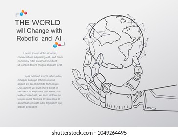 Futuristic android hand holding virtual digital earth globe. artificial intelligence technology will change the world. Vector outline design to poster and presentation concept.