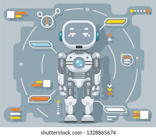 Futuristic android robot electronic artificial cybernetic intelligence information interface automation metal flat design vector illustration