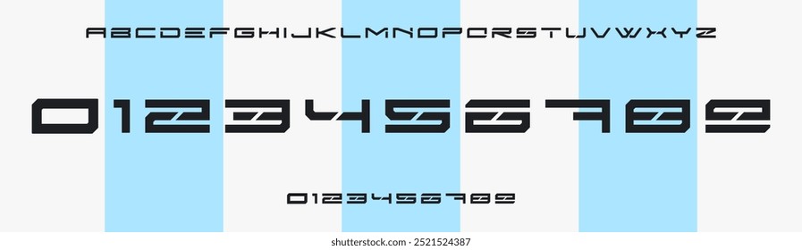 Futuristic angular font, sharp minimal numbers and letters, geometrical typeset for tech branding, sci-fi themes, user interfaces. Precise, sleek lines emphasize innovation and cutting-edge design