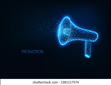 Futuristic announcement, promotion, advertisement concept with glowing low polygonal megaphone isolated on dark blue background. Modern wire frame mesh design vector illustration.