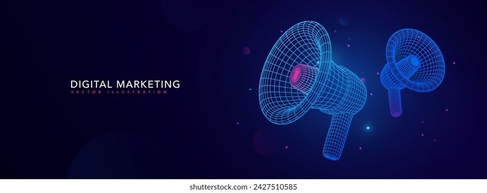 Anuncios futuristas, anuncios, ciberlunes ilustración vectorial de marketing. Ilustración vectorial de marketing de medios de megáfono de marco de alambre 3d. Banner promocional del altavoz del alambre.