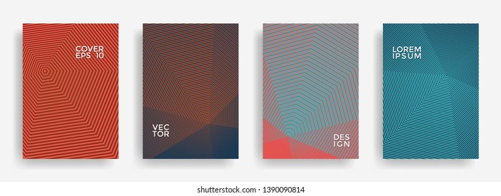 Futuristic annual report design vector collection. Halftone lines texture cover page layout templates set. Report covers geometric design, business booklet pages corporate templates.