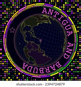 Futuristic Antigua on globe. Bright neon satelite view of the world centered to Antigua. Geographical illustration with shape of country and geometric background. Modern vector illustration.