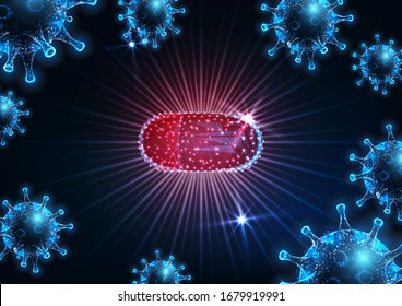 Futuristic antiviral medication against coronavirus sars-cov2 viral disease covid-19 with glowing low polygonal cred capsule pill and virus cells on dark blue background. Pharmaceutical  research.