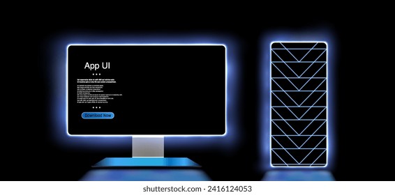 La interfaz de usuario de la aplicación futurista se muestra en el monitor elegante junto a un PC de torre moderno y de diseño geométrico, iluminado con luces azul neón - perfecto para temas de tecnología e innovación
