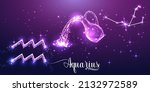 Futuristic Aquarius zodiac sign on dark purple background. Glowing low polygonal design vector. 