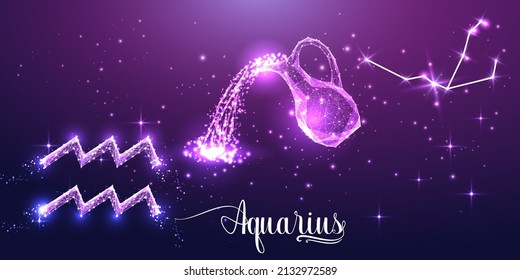 Futuristic Aquarius zodiac sign on dark purple background. Glowing low polygonal design vector. 