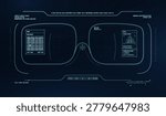Futuristic AR Glasses HUD Interface With Mission Data. Sci-fi augmented reality glasses display with cyan HUD overlay, mini map, biometrics, target scan, mission status. Vector Cyberpunk helmet art