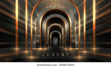 Futuristic Arched Corridor with Illuminated Pillars. Black luxury background with gold curve decorations with glitter light effects and bokeh. Vector illustrations.