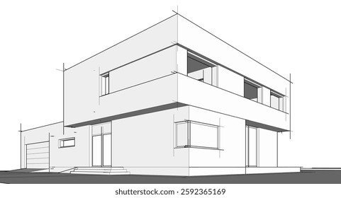 Futuristic Architectural Wireframe. Abstract Modern Building Design in Digital Sketch Style