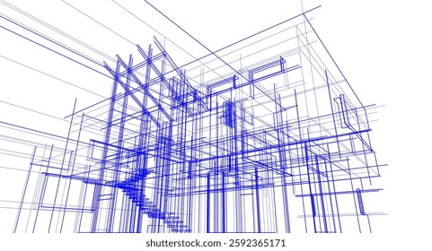Futuristic Architectural Wireframe. Abstract Modern Building Design in Digital Sketch Style